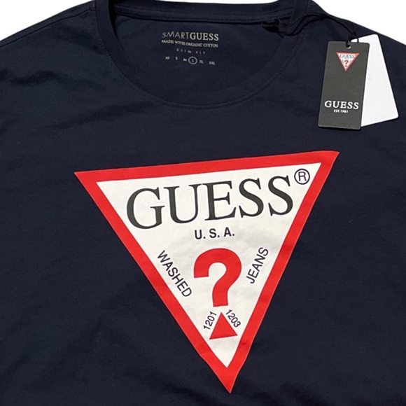 🚫SOLD🚫e🅱️y Guess Men’s Short Sleeve Logo Crew Neck T-Shirt Navy Large NWT - Picture 5 of 7